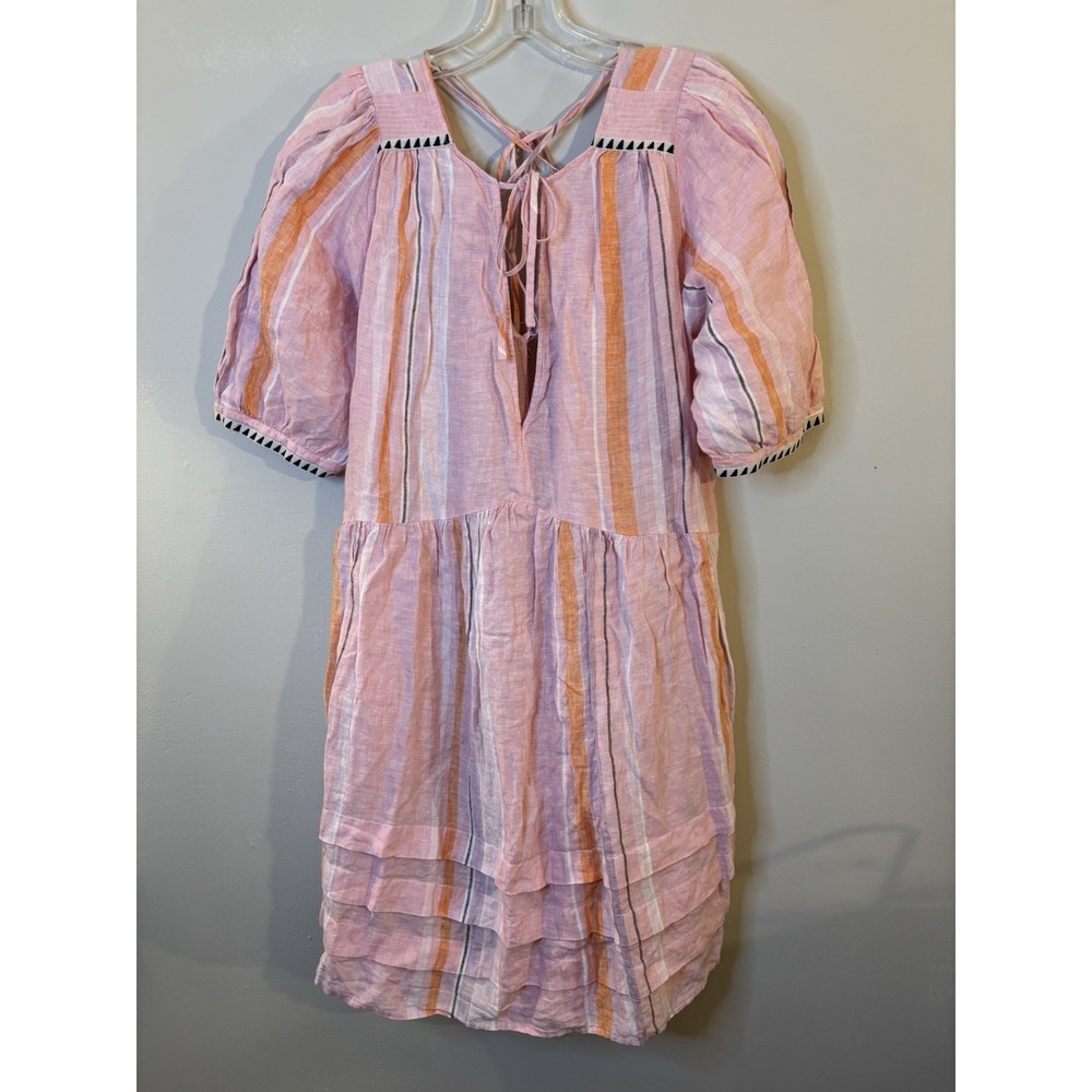 LEMLEM x H&M Pink Stripe Linen Dress L Puff Sleeve Beach Summer - Picture 3 of 12